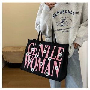Large Black “Gentle Woman” Tote – Pink Letter Statement Bag